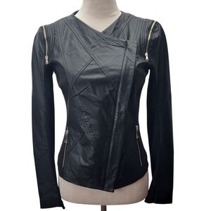 Bebe Black Leather Moto Jacket XS Asymmetrical Zip Stretch Panels Zipper Detail
